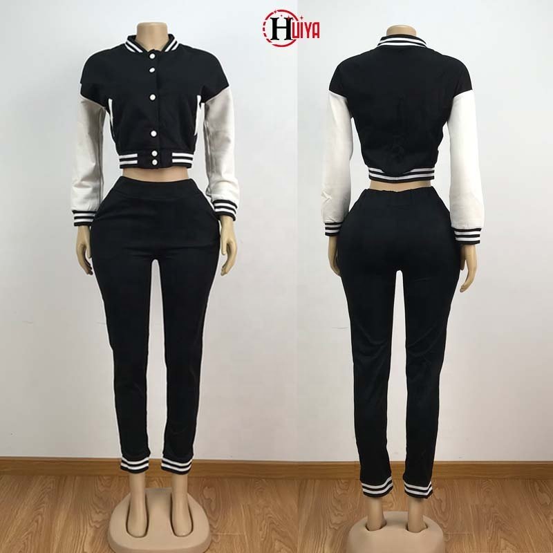 Custom Logo Varsiti Jacket Women's Tracksuit Set Cropped Varsiti Baseball Jogging Suits 2024 Fall Two Piece Set Women Clothing
