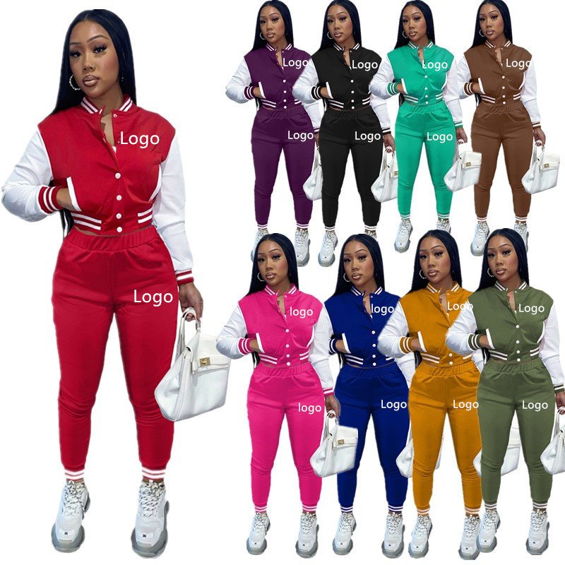 Custom Logo Varsiti Jacket Women's Tracksuit Set Cropped Varsiti Baseball Jogging Suits 2024 Fall Two Piece Set Women Clothing
