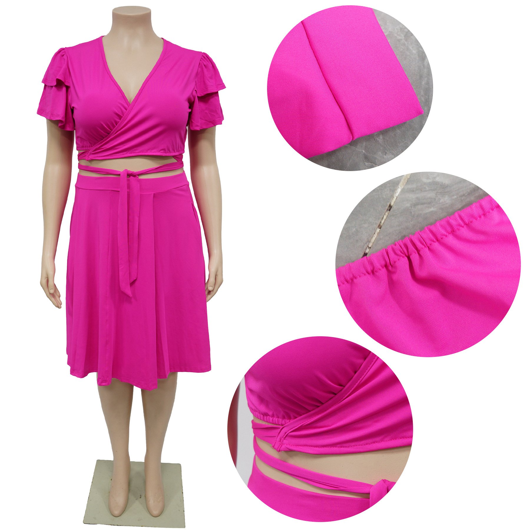 women's clothing summer 2024 Stylish Ruffled sleeves lace-up V-neck plus size loose skirt set