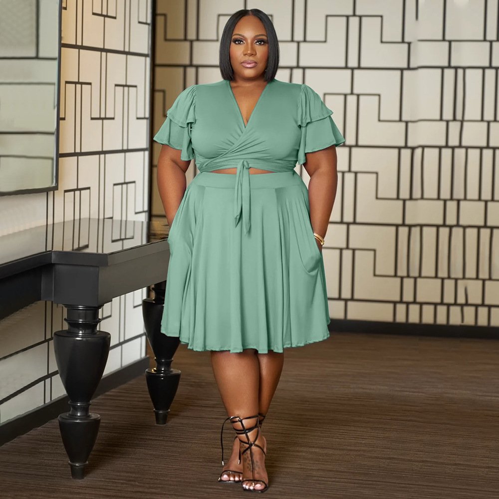 women's clothing summer 2024 Stylish Ruffled sleeves lace-up V-neck plus size loose skirt set