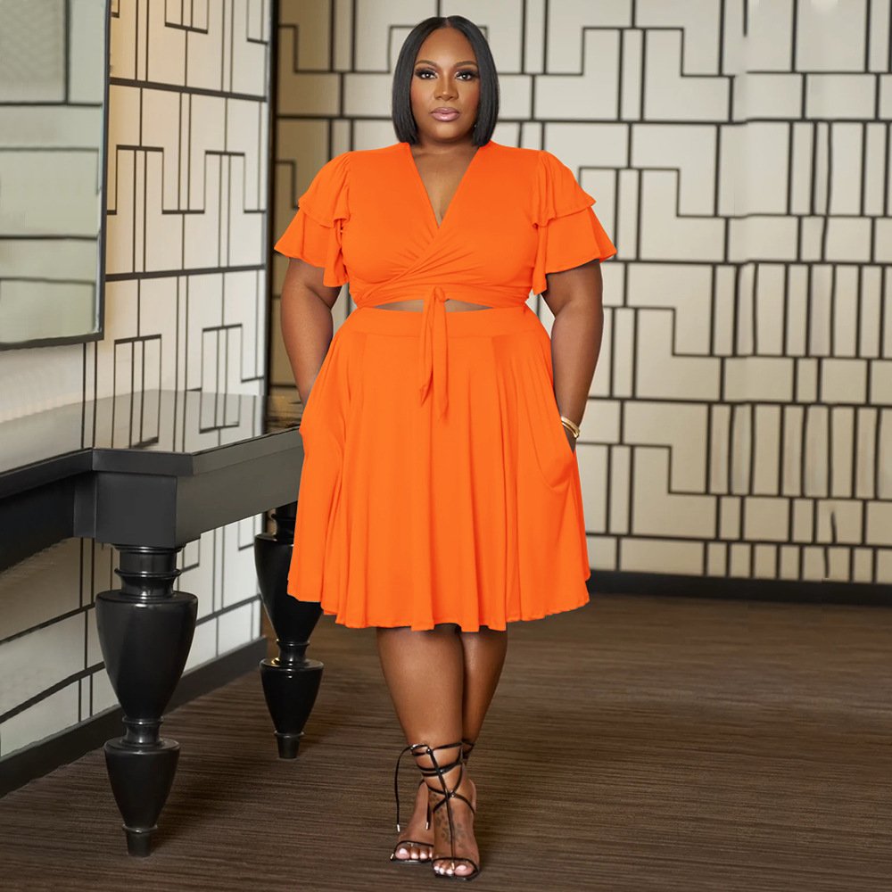 women's clothing summer 2024 Stylish Ruffled sleeves lace-up V-neck plus size loose skirt set
