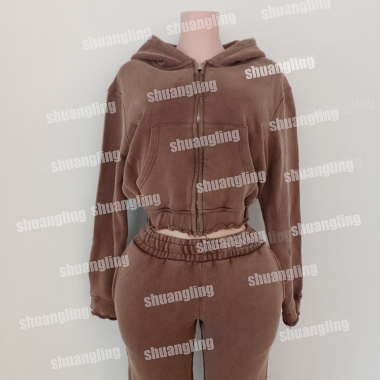 Heavy Weight Custom Logo Women Tracksuits Distressed Vintage Zip Hoodie Sweatpants Joggers Sets Women Two Piece Sweatsuits Set