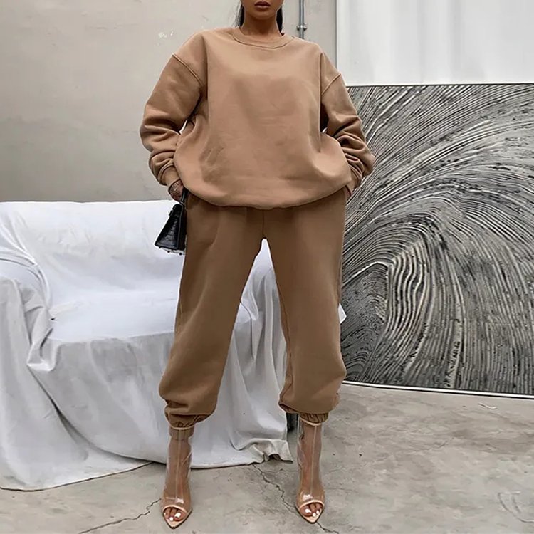 2024 women's clothing fall winter high quality comfy cotton custom crewneck sweatshirt long sleeve casual women hoodie set