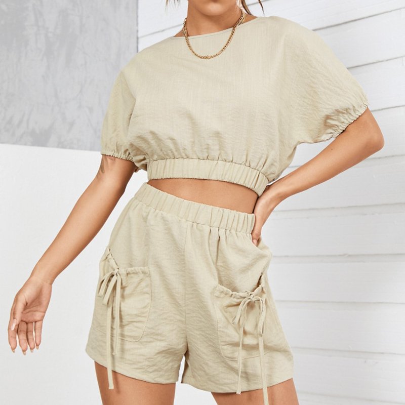 Summer Plus Size Cotton Linen Women's Sets Design Casual Sports Wear Backless Elastic Waist Top And Shorts Set Women