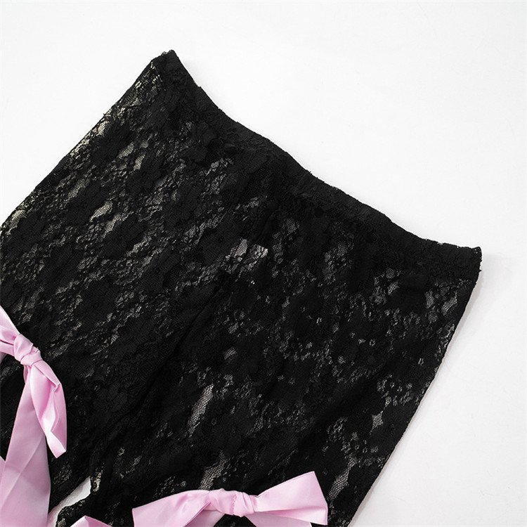 Black Two Piece Outfits Women Casual Letter Print Crop Tops and Bowtie Lace Pants Matching 2024 Baddie Outfit Sets