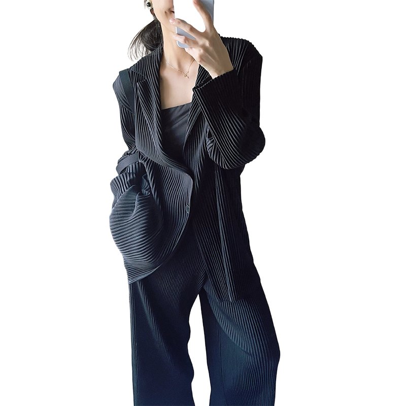 Women's spring and autumn solid color long sleeve shirt jacket casual comfort pants wide leg pants women's pleated 2-piece set