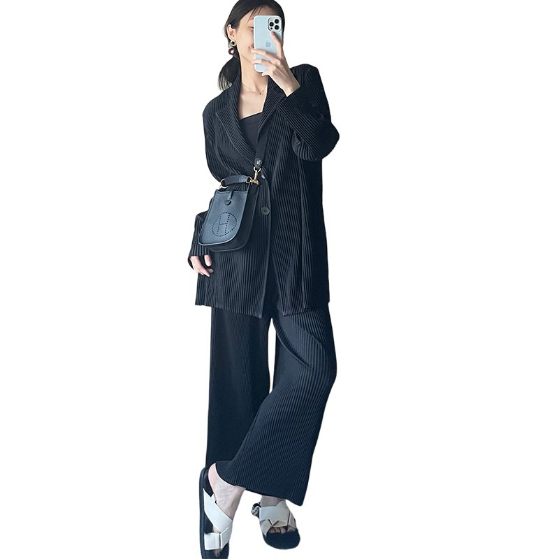 Women's spring and autumn solid color long sleeve shirt jacket casual comfort pants wide leg pants women's pleated 2-piece set