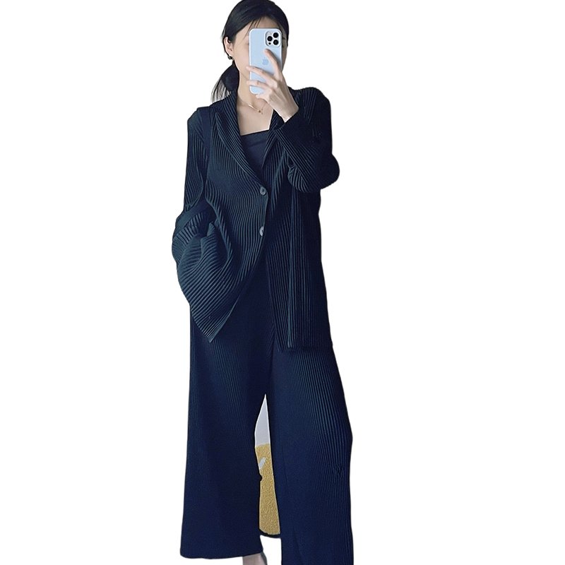 Women's spring and autumn solid color long sleeve shirt jacket casual comfort pants wide leg pants women's pleated 2-piece set