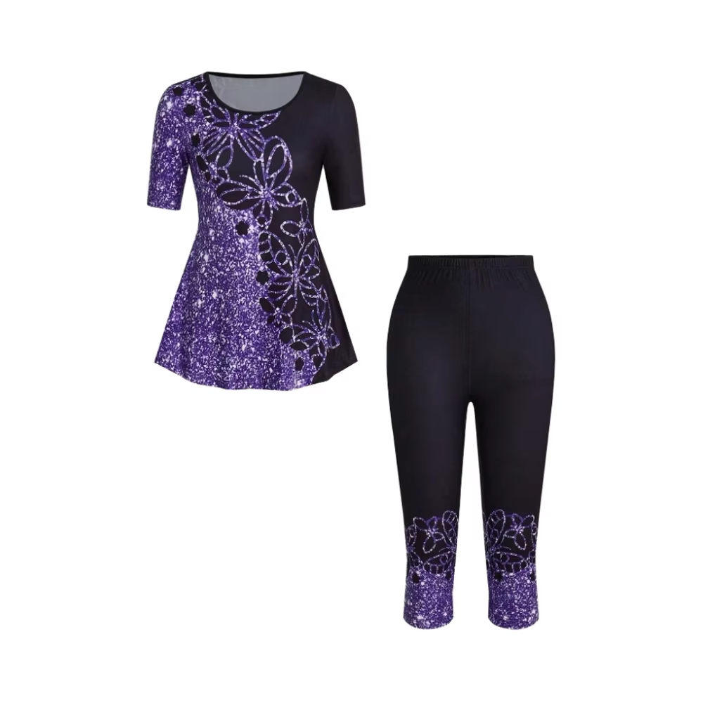 Women's Custom Summer Butterfly Digital Print Short Sleeve T-Shirt Mid Pants Casual Slim Two-Piece Women's set Women's Clothing