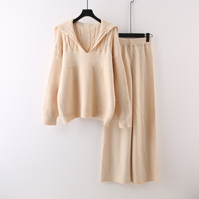 Boutique Wholesale 2024 Autumn New Fashionable Slimming V-neck Sweater Knitted Wide Leg Pants Women's Set