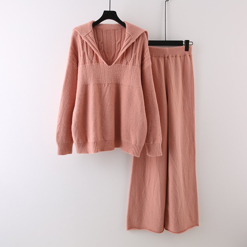 Boutique Wholesale 2024 Autumn New Fashionable Slimming V-neck Sweater Knitted Wide Leg Pants Women's Set