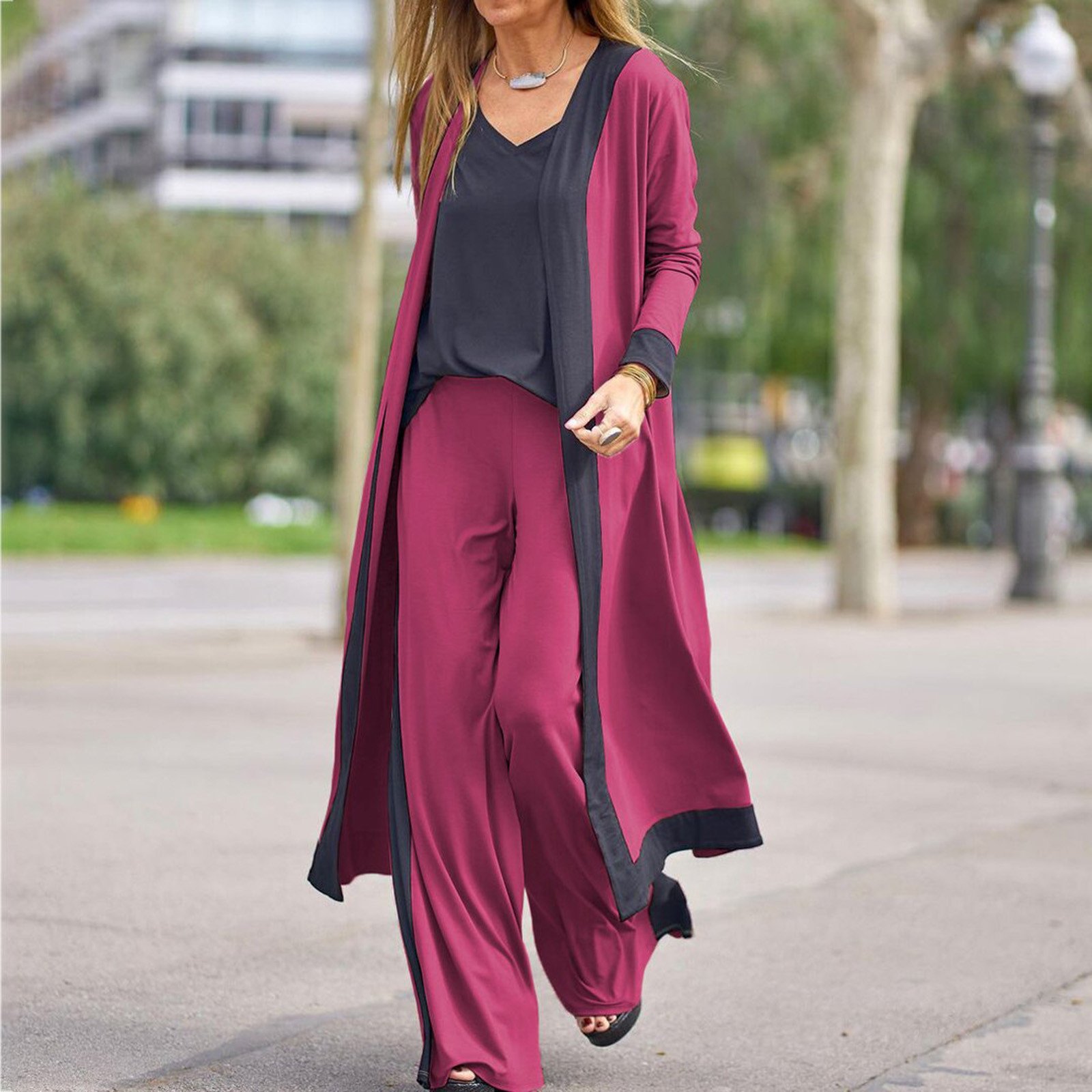 D&M new women solid color Panel contrast set vest tops plus size women's sets women high waist trousers three pieces causal suit