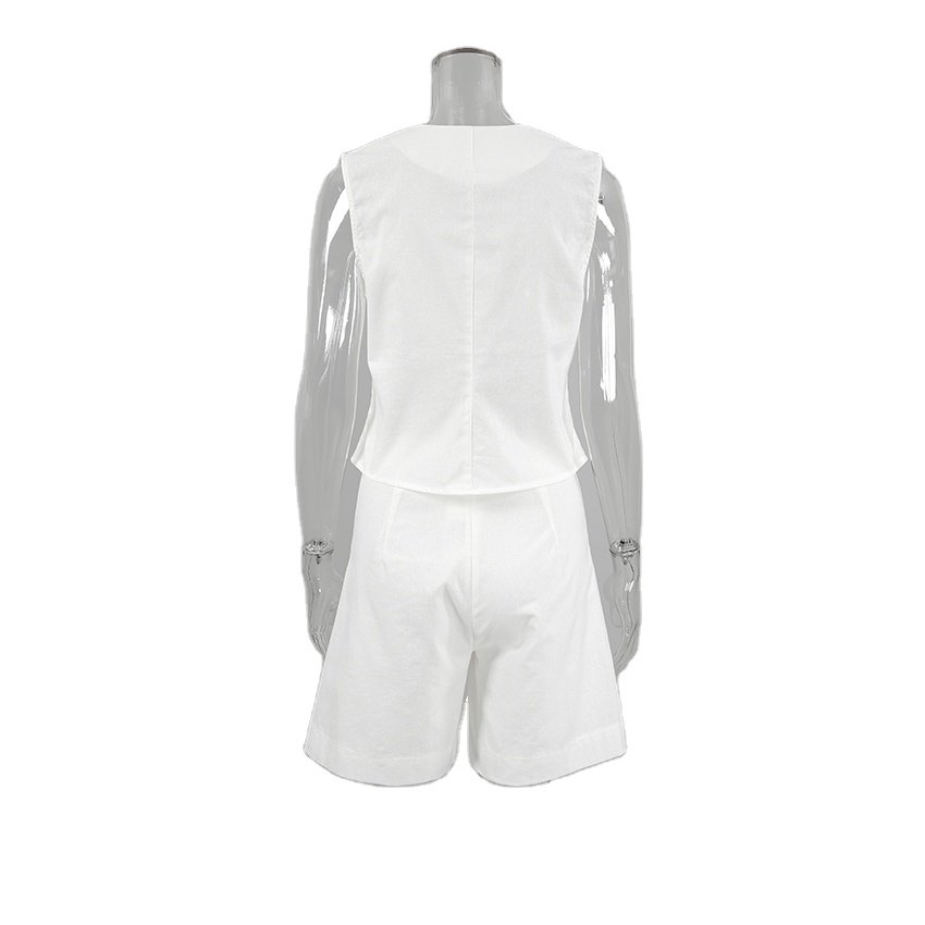 Office Lady Shorts Sets Women Tank Top 2 piece Suit Summer White Cotton Linen two piece women's set Outfits