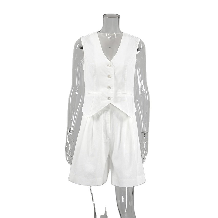 Office Lady Shorts Sets Women Tank Top 2 piece Suit Summer White Cotton Linen two piece women's set Outfits