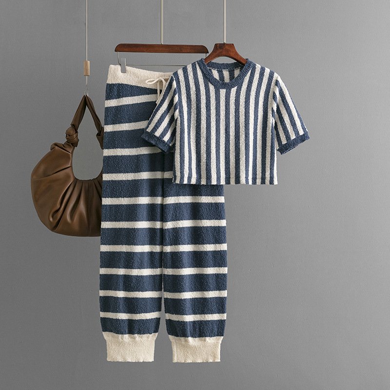 Boutique Wholesale 2024 Summer New Striped Round Neck Short Top Casual Knitted Pants Women's Set