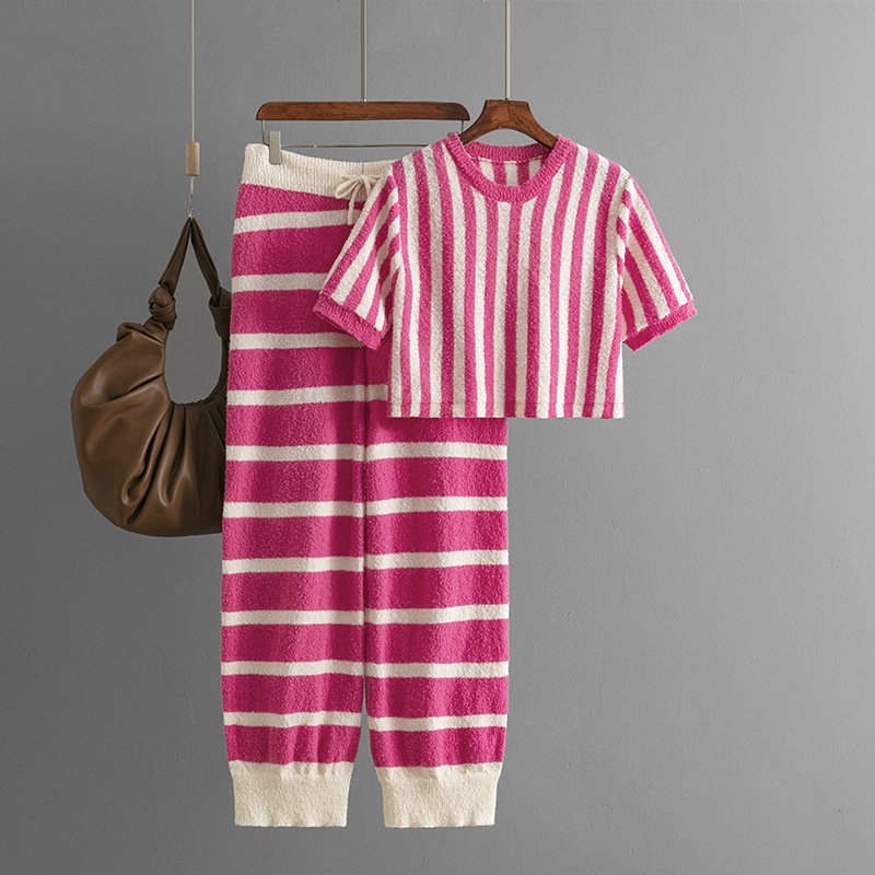 Boutique Wholesale 2024 Summer New Striped Round Neck Short Top Casual Knitted Pants Women's Set