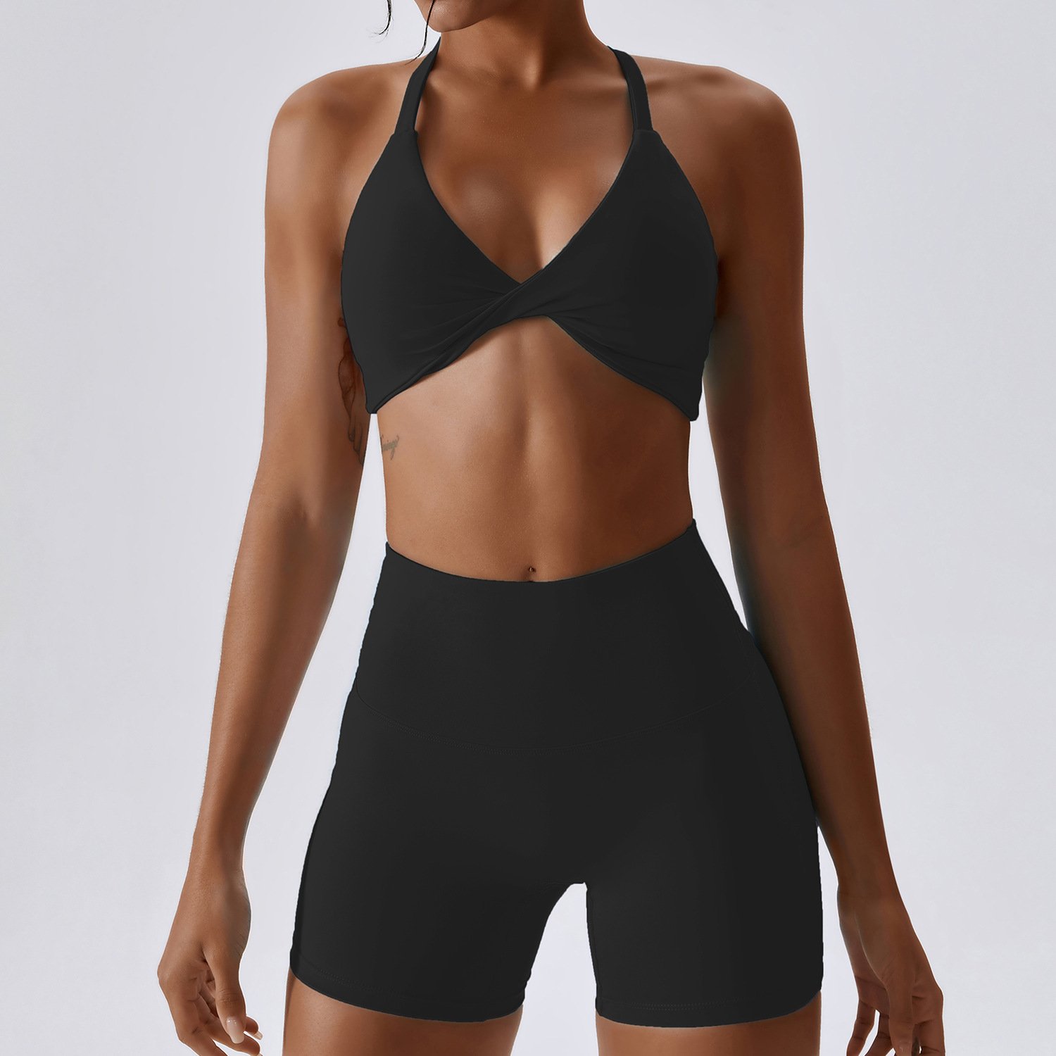 New Summer Impact Solid Color Thin Straps Twist Sports Bra Nake Feeling Butt Lifting Shorts Sexy Fitness Breathable Sets