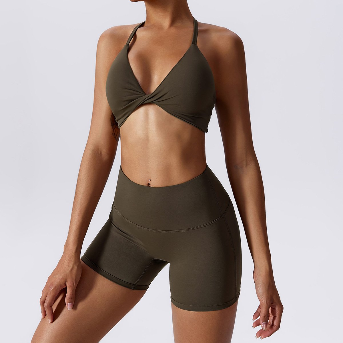 New Summer Impact Solid Color Thin Straps Twist Sports Bra Nake Feeling Butt Lifting Shorts Sexy Fitness Breathable Sets