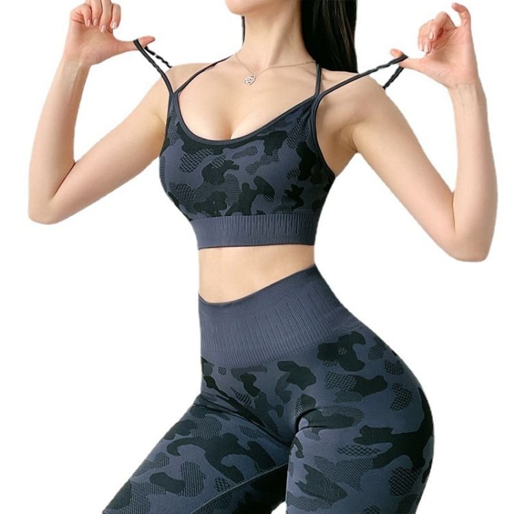 Seamless Camo Gym Set Women Open Back Sports Bra And Custom Leggings Opaque Yoga Clothes Nylon Spandex Camouflage Pants Sets
