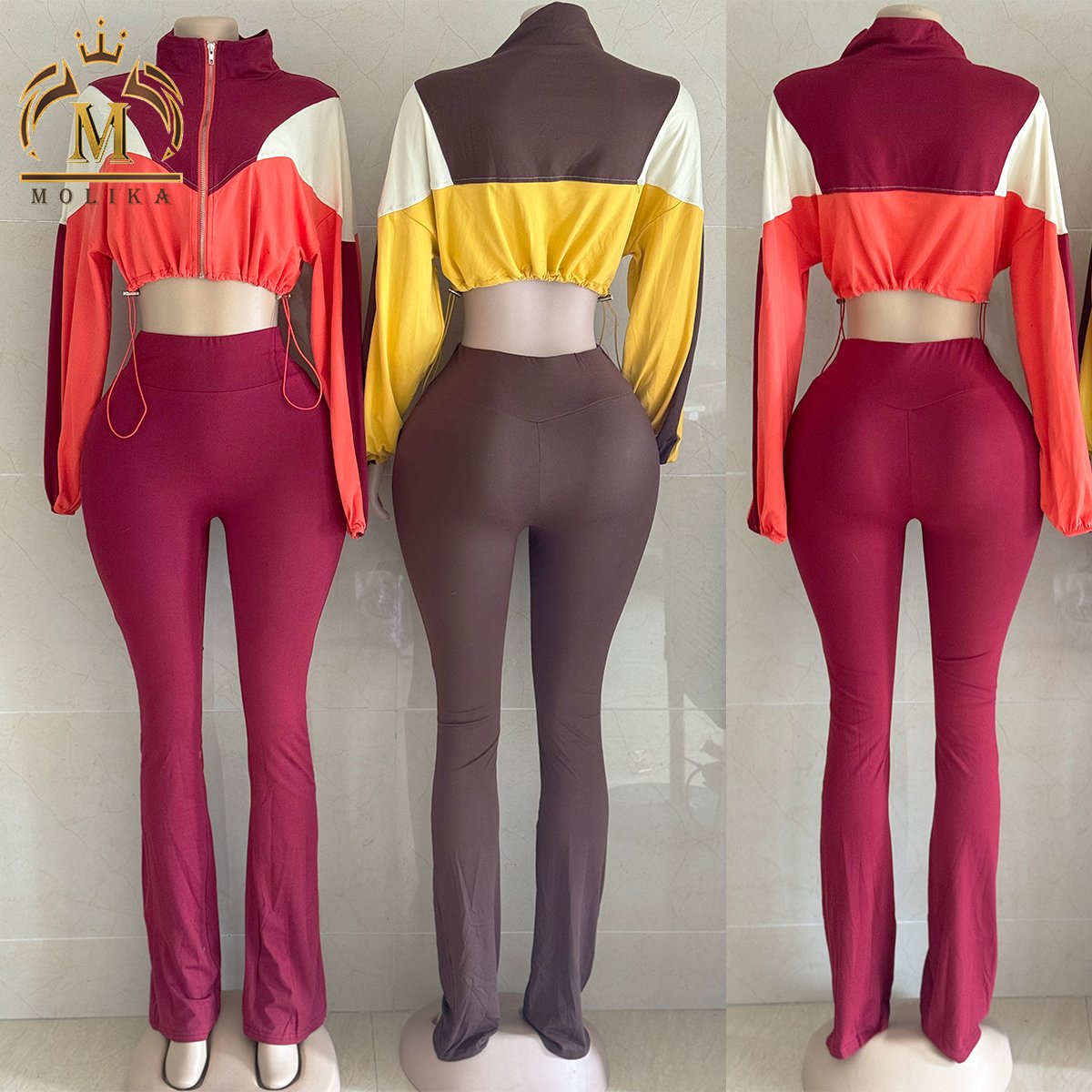 New Fall Women Outfits Zipper Patchwork Crop Jacket Long Pants Slim 2 Piece Sets Casual Two Piece Joggers Pants Tracksuits Women