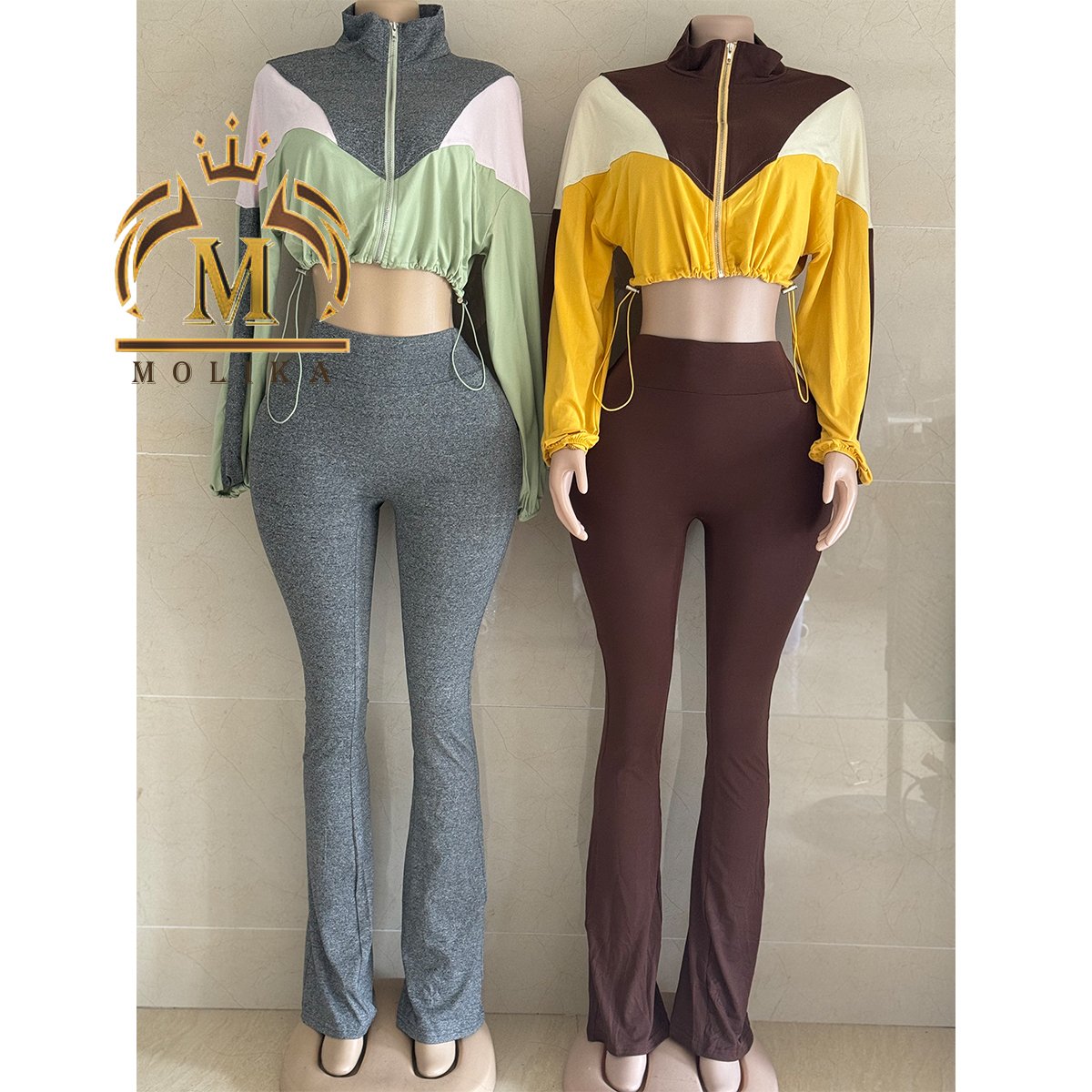 New Fall Women Outfits Zipper Patchwork Crop Jacket Long Pants Slim 2 Piece Sets Casual Two Piece Joggers Pants Tracksuits Women