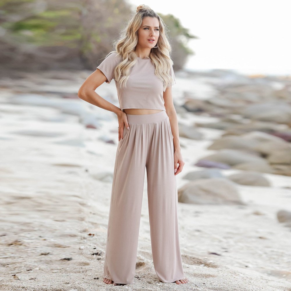 2023 Hot Sale Summer Breathable Knitted 2 Piece Sets Cross Top And Pants Suit For Women Loose Casual Plus Size Women's Sets