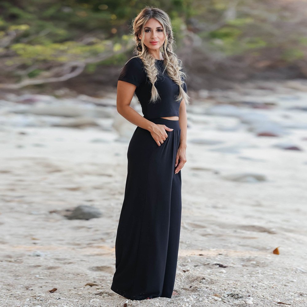 2023 Hot Sale Summer Breathable Knitted 2 Piece Sets Cross Top And Pants Suit For Women Loose Casual Plus Size Women's Sets