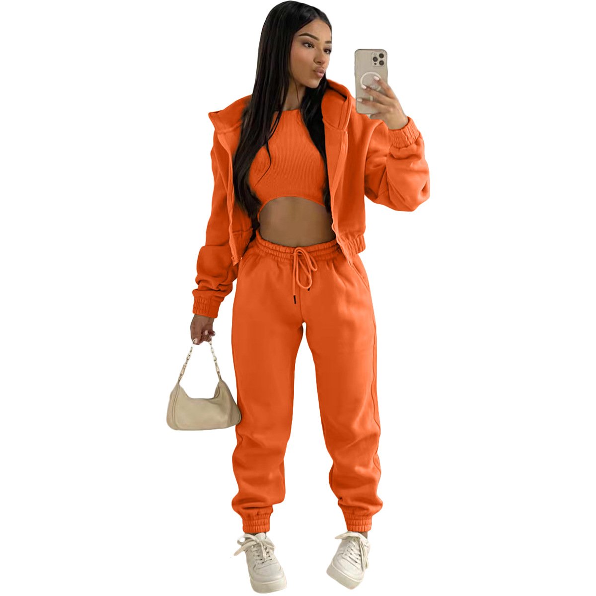 Autumn Three Piece Set Women Long Sleeve Hooded Zipper Pocket Sporty Jackets+Loose Trousers Pants Sets Workout Stretchy Outfits