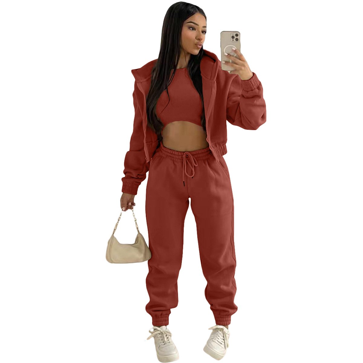 Autumn Three Piece Set Women Long Sleeve Hooded Zipper Pocket Sporty Jackets+Loose Trousers Pants Sets Workout Stretchy Outfits
