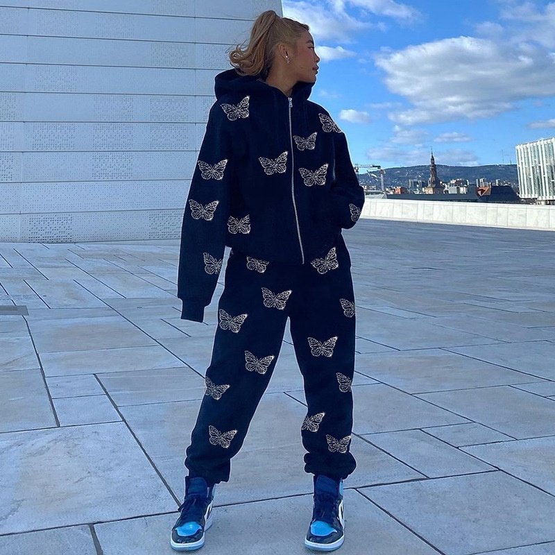Rainbow Spray Wholesale Butterfly Print Casual Trouser Loose Sports Hoodie Two-piece Set