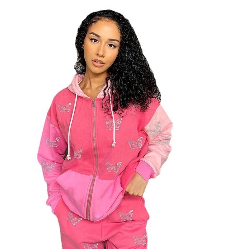 Rainbow Spray Wholesale Butterfly Print Casual Trouser Loose Sports Hoodie Two-piece Set