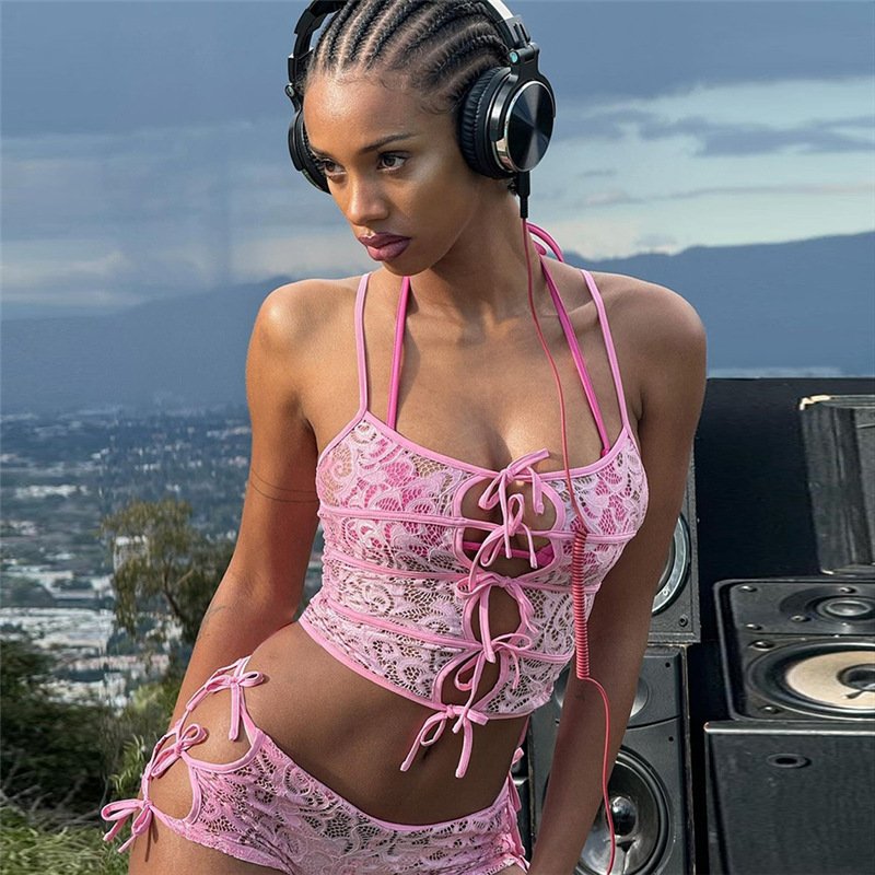 Bomblook Z805ST01 Bodysuit Mini Women's High Waisted See through Lace Suspenders Top Shorts Slim Fit Two Piece Suit Women's Set