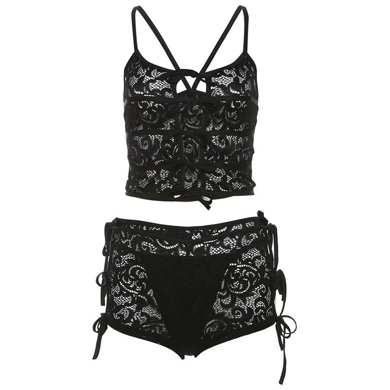 Bomblook Z805ST01 Bodysuit Mini Women's High Waisted See through Lace Suspenders Top Shorts Slim Fit Two Piece Suit Women's Set