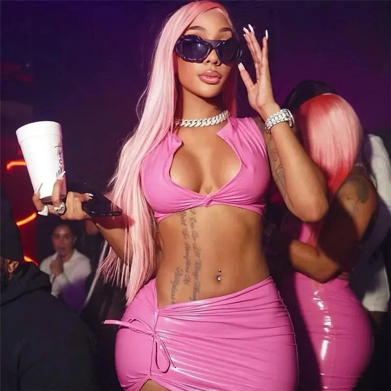 2 piece set women 2023 Spring skirts for women sexy glossy faux leather tight vest high waist 2 piece set