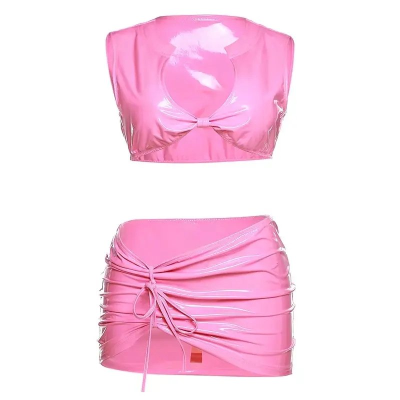 2 piece set women 2023 Spring skirts for women sexy glossy faux leather tight vest high waist 2 piece set