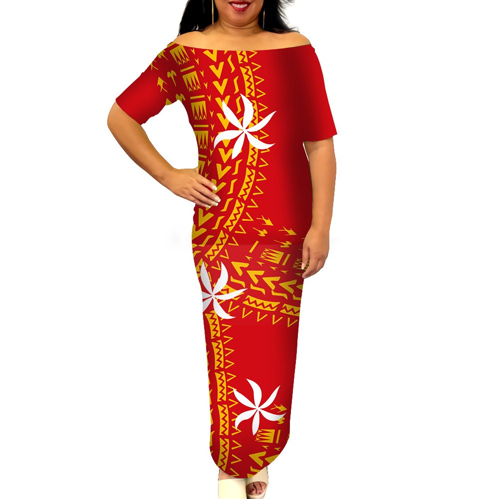 Island Dress Samoan Puletasi Women's Sets S-8XL Plus Size Polynesian Tribal Off Shirts Dress 2 Piece Set Women