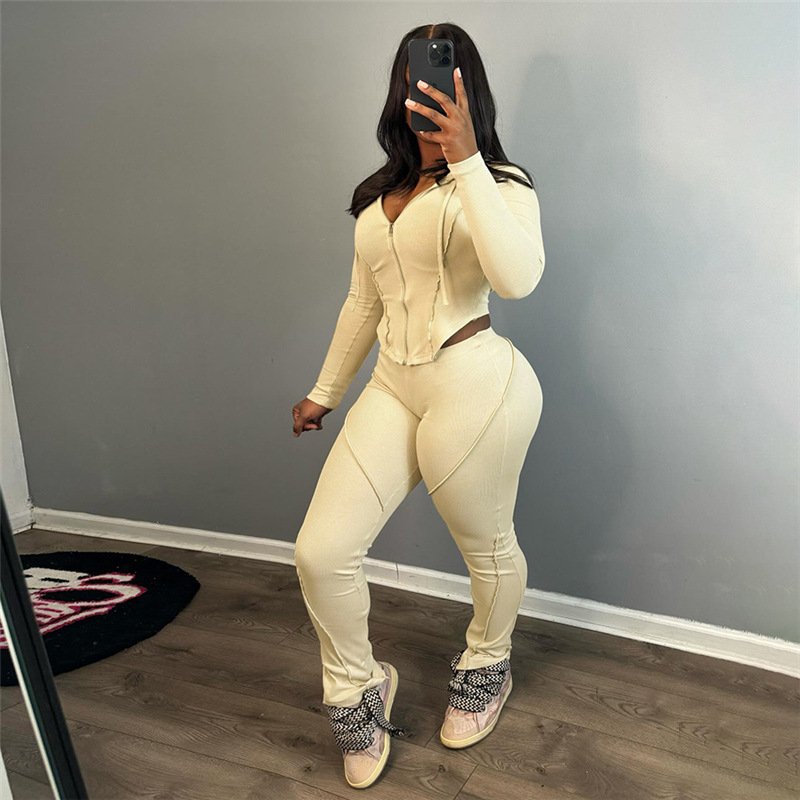 Autumn And Winter New Fashion Versatile Hooded Zipper Long-Sleeved Solid Color Slimming Casual Pants Two-Piece Set