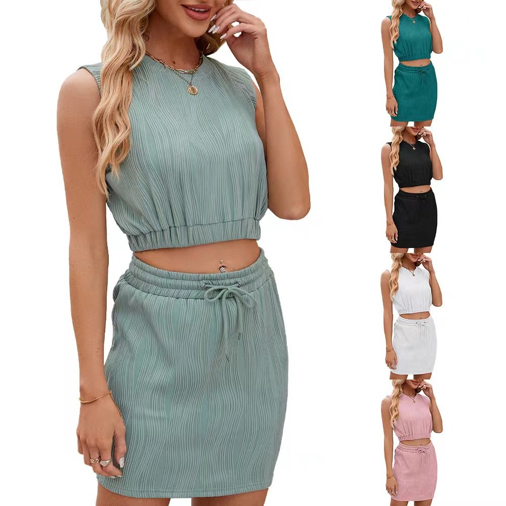 2024 New Style Woman Short Sets Solid Color Round Neck Elastic Waist Sleeveless Fashion Suit Lightweight Breathable Fabric