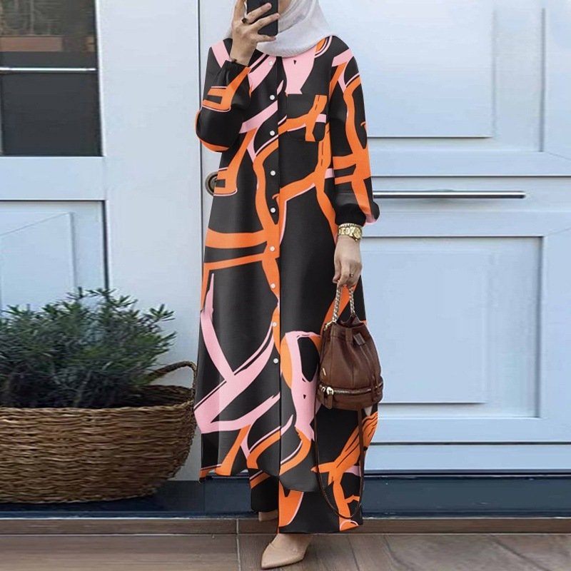 New Muslim Fashion Women's Floral Print Shirt Plus Wide Leg Pants Set Two Piece Islamic Turkish Arab Fashion Clothing
