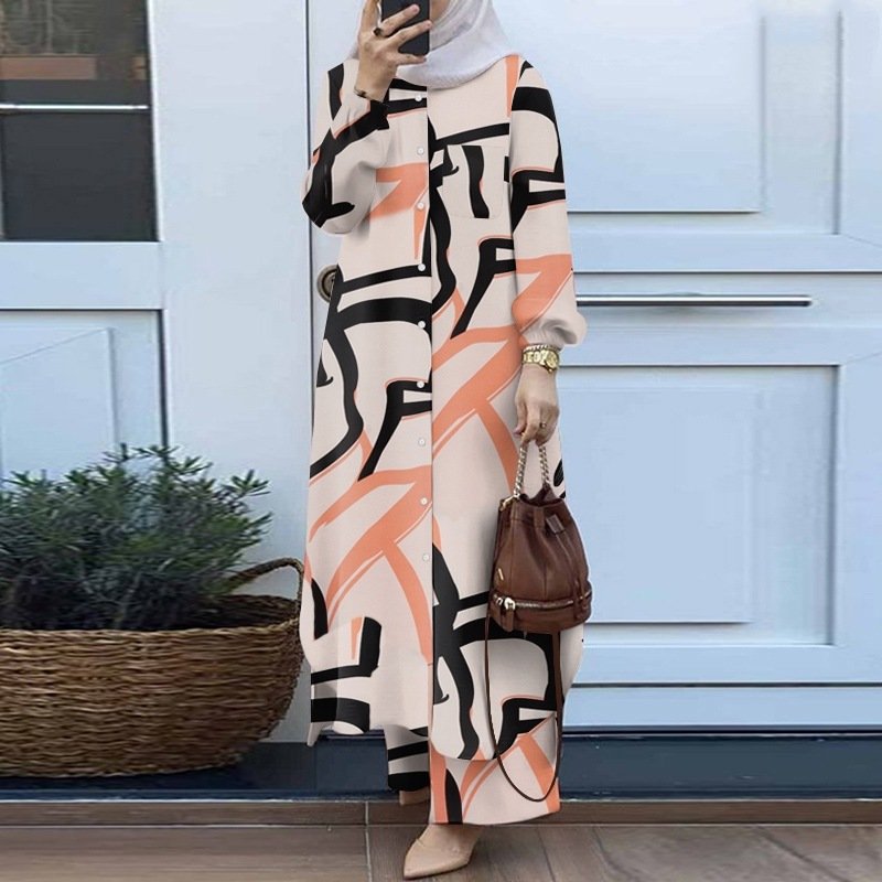 New Muslim Fashion Women's Floral Print Shirt Plus Wide Leg Pants Set Two Piece Islamic Turkish Arab Fashion Clothing