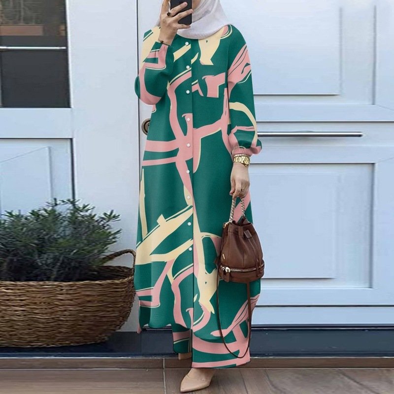 New Muslim Fashion Women's Floral Print Shirt Plus Wide Leg Pants Set Two Piece Islamic Turkish Arab Fashion Clothing