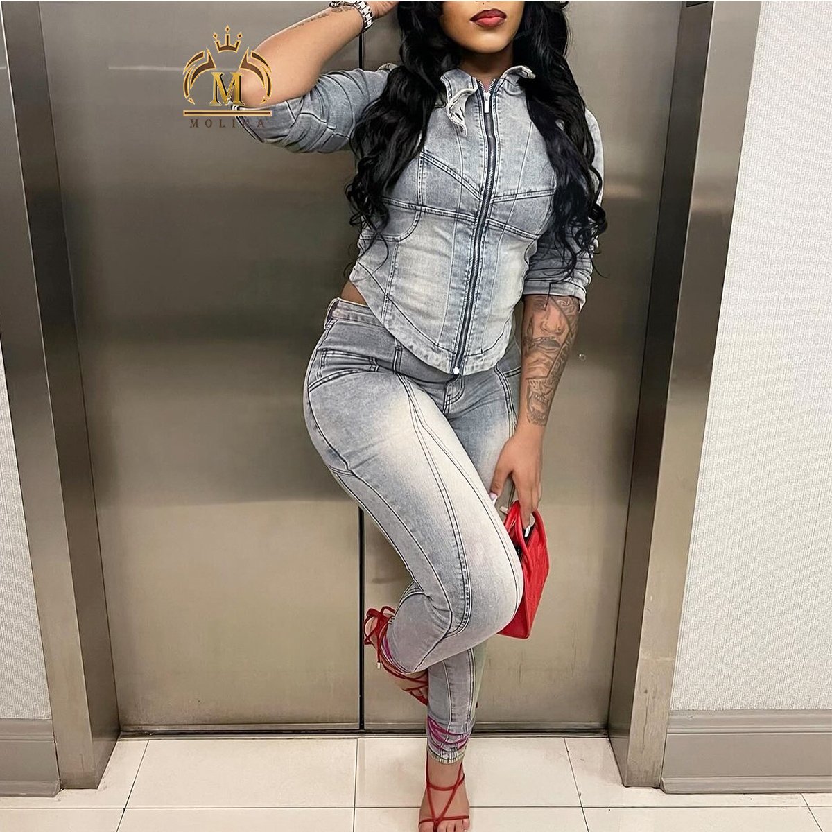 Winter Fall Women's Denim Outfits Stretch Irregular Crop Jacket+Jeans 2 Piece Sets Ladies Y2K Denim Jeans Two Piece Sets Women