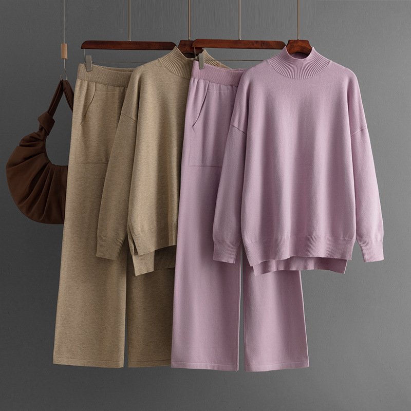 Boutique Wholesale 2024 Autumn New Solid Color Knitted High Collar Split Sweater Fashion Casual Pants Women's Set