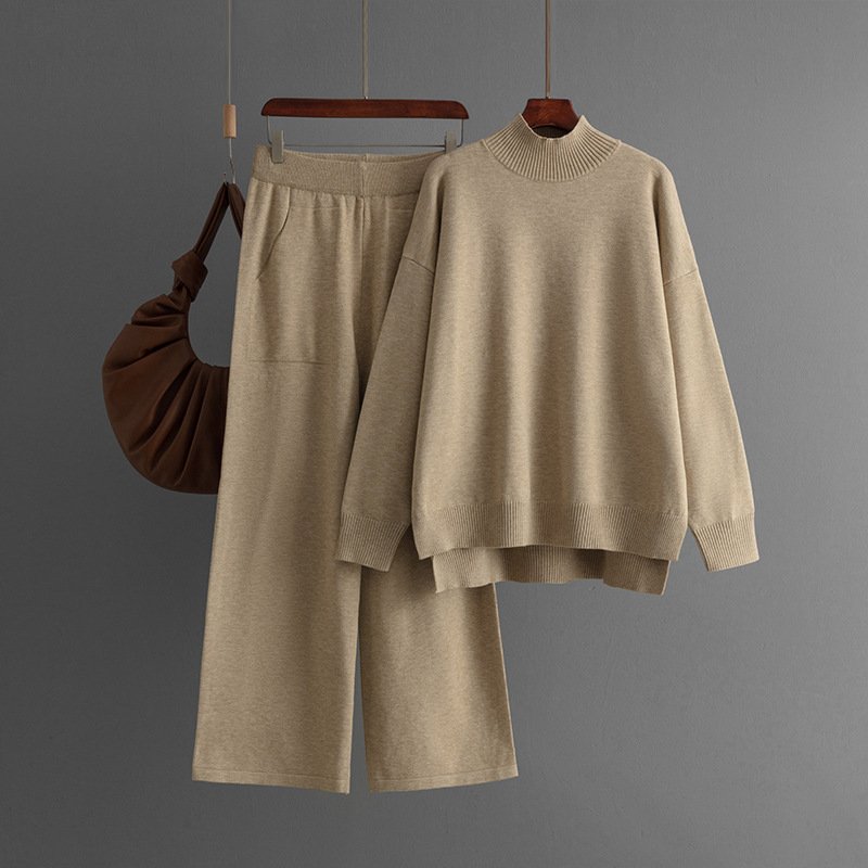 Boutique Wholesale 2024 Autumn New Solid Color Knitted High Collar Split Sweater Fashion Casual Pants Women's Set