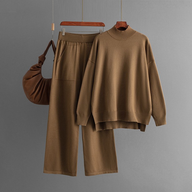 Boutique Wholesale 2024 Autumn New Solid Color Knitted High Collar Split Sweater Fashion Casual Pants Women's Set