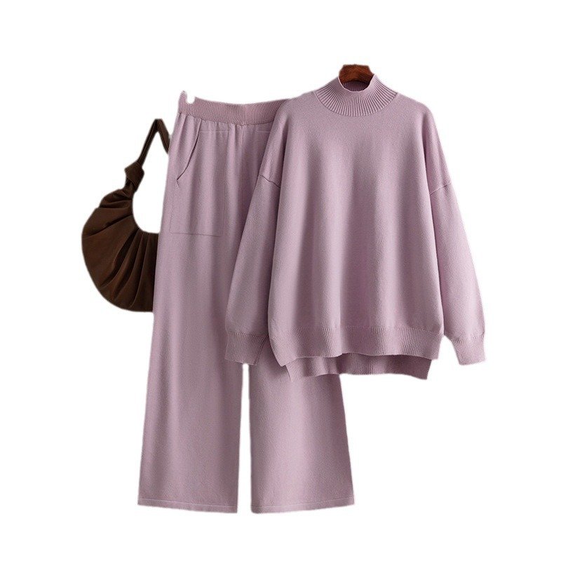 Boutique Wholesale 2024 Autumn New Solid Color Knitted High Collar Split Sweater Fashion Casual Pants Women's Set