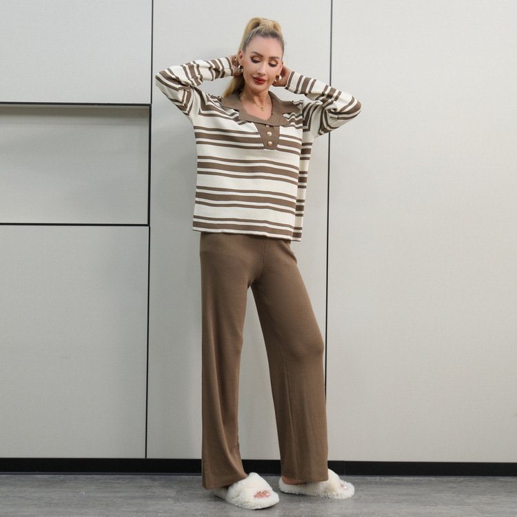 Boutique Wholesale 2024 Autumn New Item Lapel Striped Versatile Casual Design Knitted Women's Sets