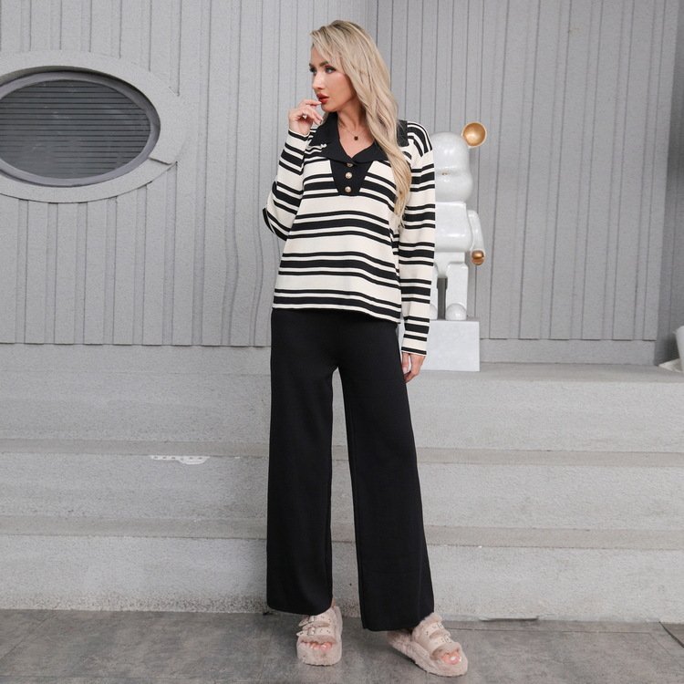 Boutique Wholesale 2024 Autumn New Item Lapel Striped Versatile Casual Design Knitted Women's Sets