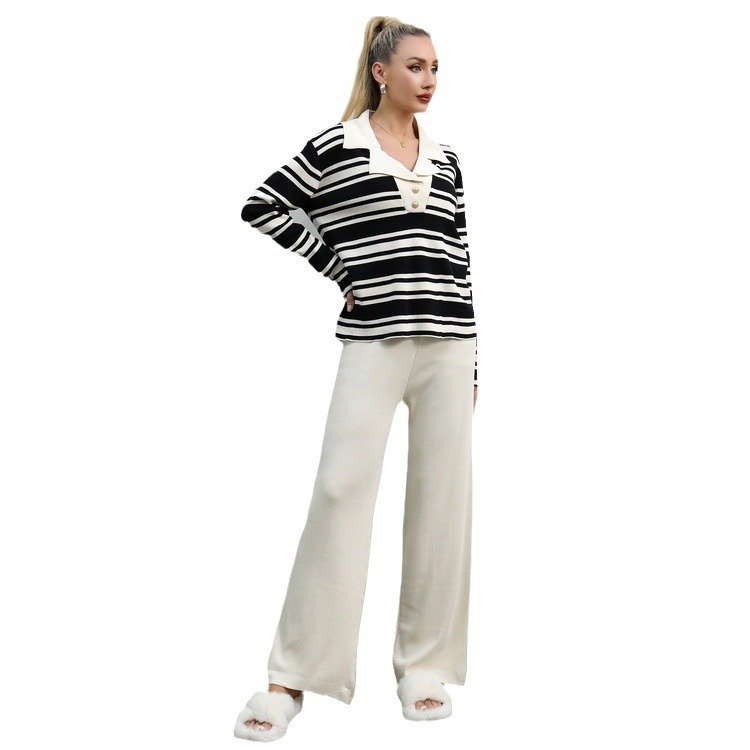 Boutique Wholesale 2024 Autumn New Item Lapel Striped Versatile Casual Design Knitted Women's Sets