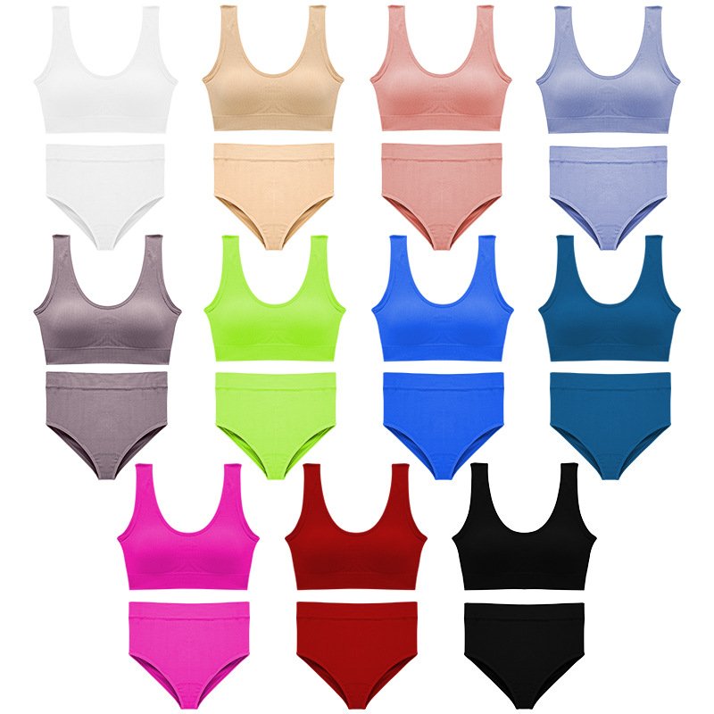 Women's Comfortable Cotton Sports Bra Underwear Set Breathable Top Support with Padded Design Solid Color Sexy Traceless Set